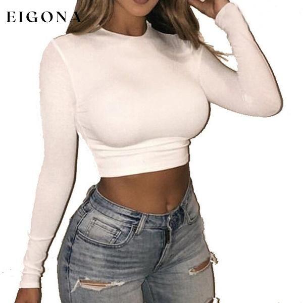 Women's Casual Round Neck Bottoming Long Sleeve Crop Top White __stock:50 clothes refund_fee:800 tops