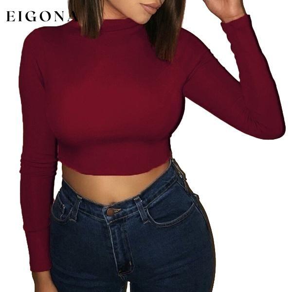 Women's Casual Round Neck Bottoming Long Sleeve Crop Top Wine Red __stock:50 clothes refund_fee:800 tops