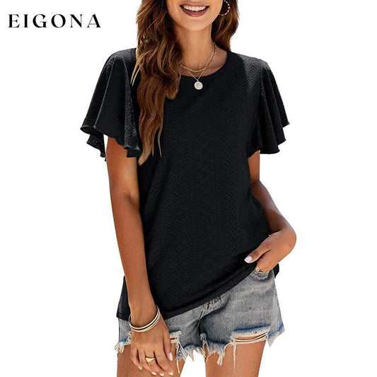 Womens Casual T-Shirts Summer Crew Neck Ruffle Sleeve Tees Tunic Tops Black __stock:200 clothes refund_fee:1200 tops