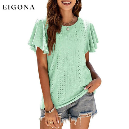 Womens Casual T-Shirts Summer Crew Neck Ruffle Sleeve Tees Tunic Tops Light Green __stock:200 clothes refund_fee:1200 tops