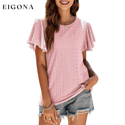 Womens Casual T-Shirts Summer Crew Neck Ruffle Sleeve Tees Tunic Tops Pink __stock:200 clothes refund_fee:1200 tops