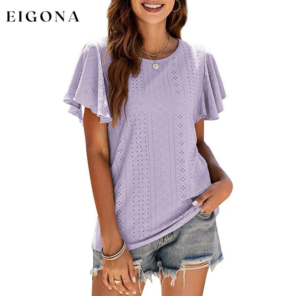 Womens Casual T-Shirts Summer Crew Neck Ruffle Sleeve Tees Tunic Tops Purple S __stock:200 clothes refund_fee:1200 tops