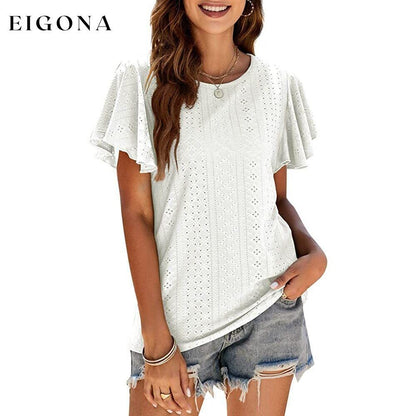 Womens Casual T-Shirts Summer Crew Neck Ruffle Sleeve Tees Tunic Tops White __stock:200 clothes refund_fee:1200 tops