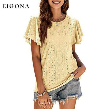 Womens Casual T-Shirts Summer Crew Neck Ruffle Sleeve Tees Tunic Tops Yellow __stock:200 clothes refund_fee:1200 tops