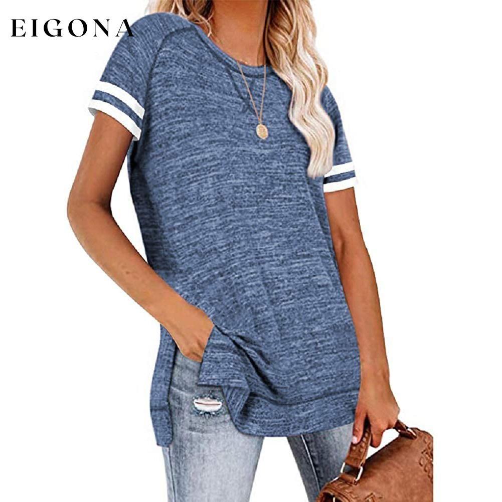 Womens Casual Tunic Tops Short Sleeve Crewneck Side Split Color Block T-Shirt Blue __stock:200 clothes Low stock refund_fee:800 tops