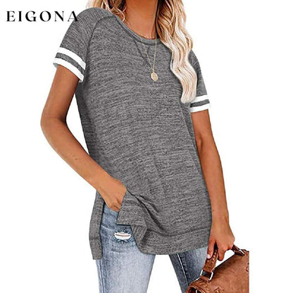 Womens Casual Tunic Tops Short Sleeve Crewneck Side Split Color Block T-Shirt Gray __stock:200 clothes Low stock refund_fee:800 tops