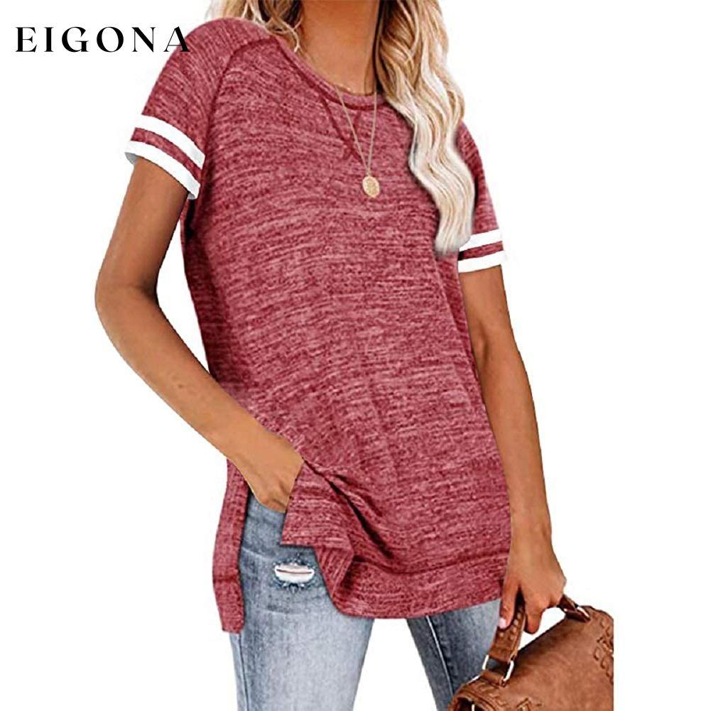 Womens Casual Tunic Tops Short Sleeve Crewneck Side Split Color Block T-Shirt Red __stock:200 clothes Low stock refund_fee:800 tops