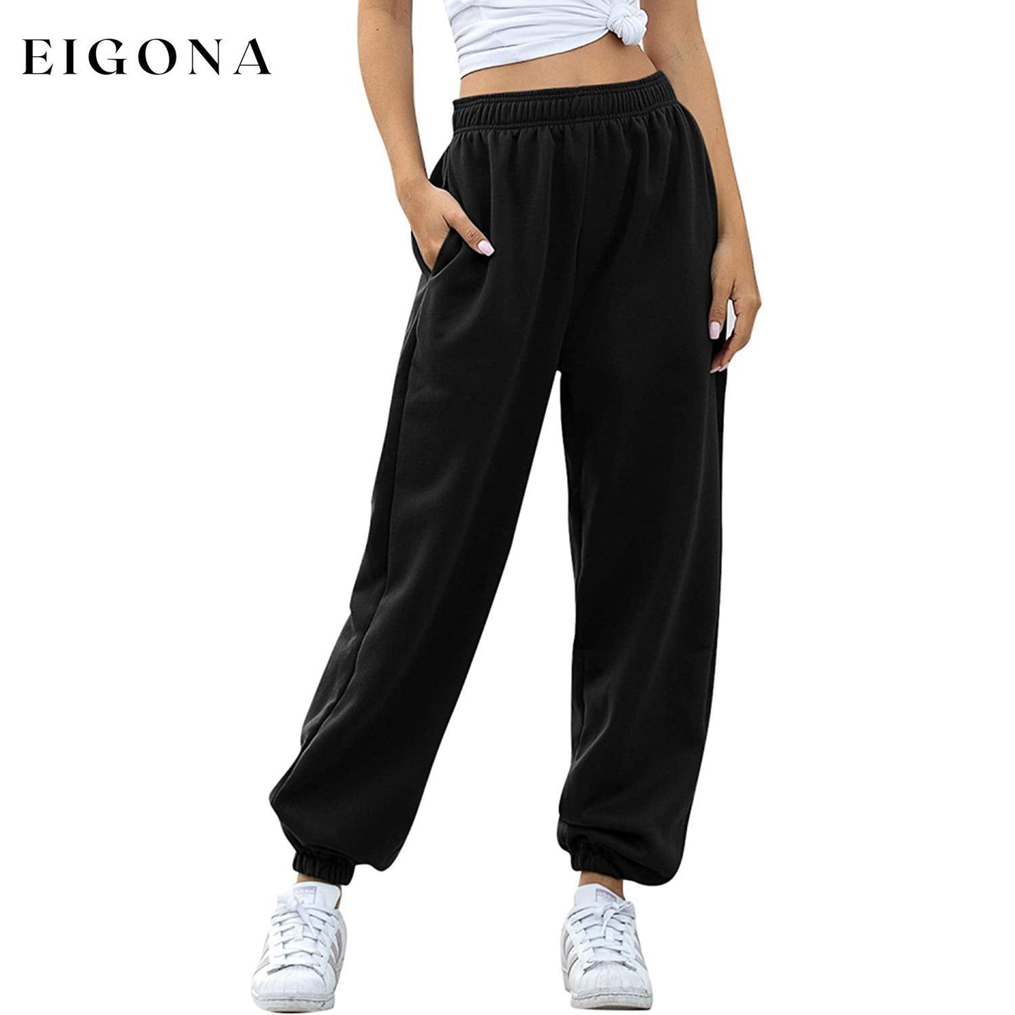 Women's Cinch Bottom Sweatpants Pockets High Waist Sporty Black __stock:200 bottoms refund_fee:1200