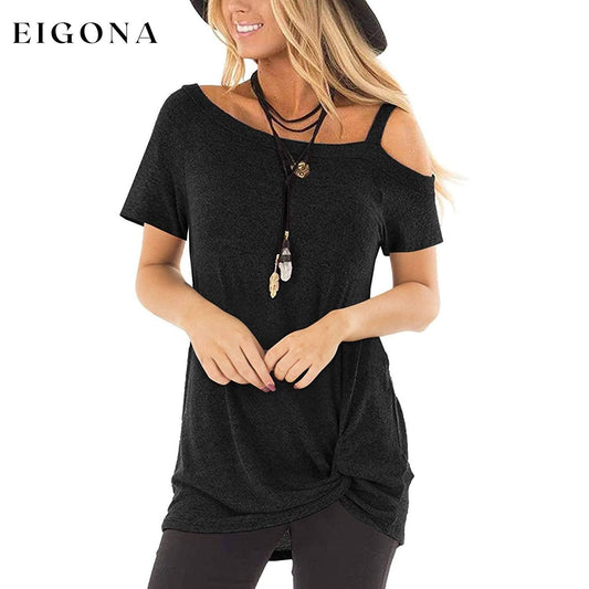 Women's Cold Shoulder Tops Summer Short Sleeve Casual Twist Knot Blouse T-Shirt Black __stock:200 clothes refund_fee:800 tops