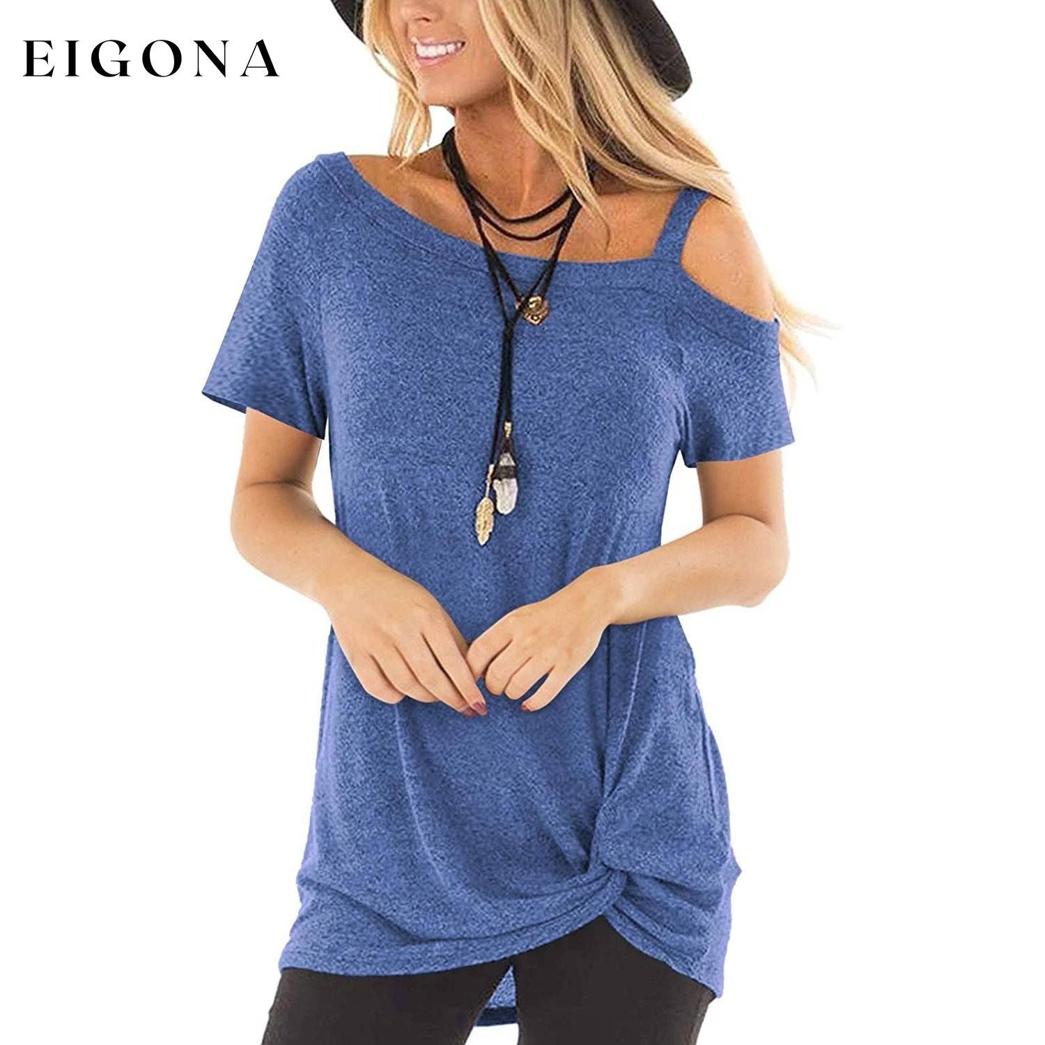 Women's Cold Shoulder Tops Summer Short Sleeve Casual Twist Knot Blouse T-Shirt Blue __stock:200 clothes refund_fee:800 tops