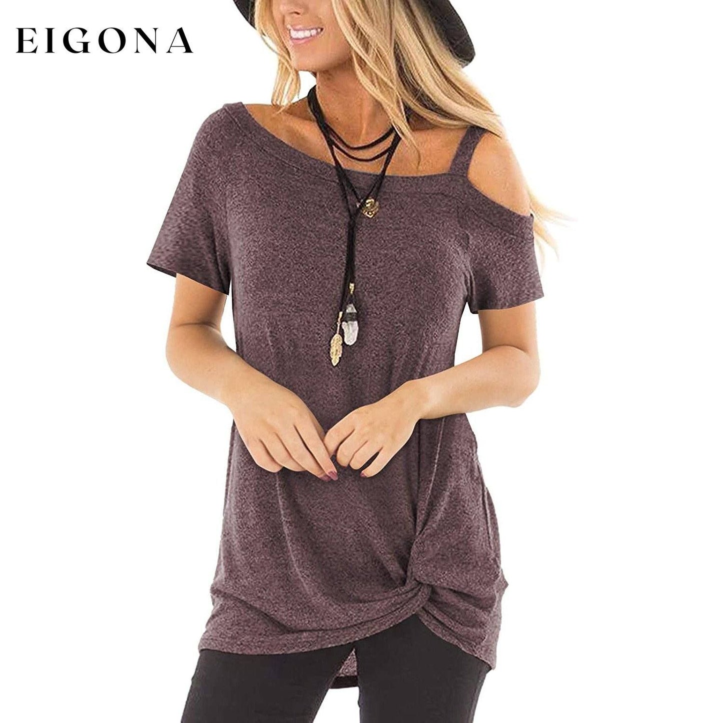 Women's Cold Shoulder Tops Summer Short Sleeve Casual Twist Knot Blouse T-Shirt Coffee __stock:200 clothes refund_fee:800 tops