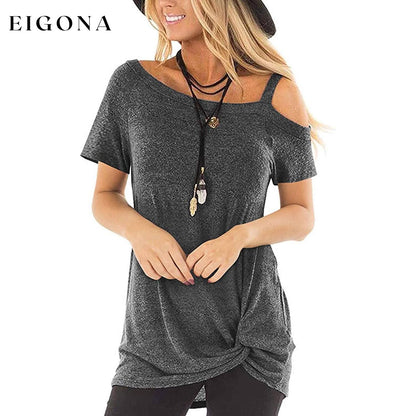 Women's Cold Shoulder Tops Summer Short Sleeve Casual Twist Knot Blouse T-Shirt Dark Gray __stock:200 clothes refund_fee:800 tops