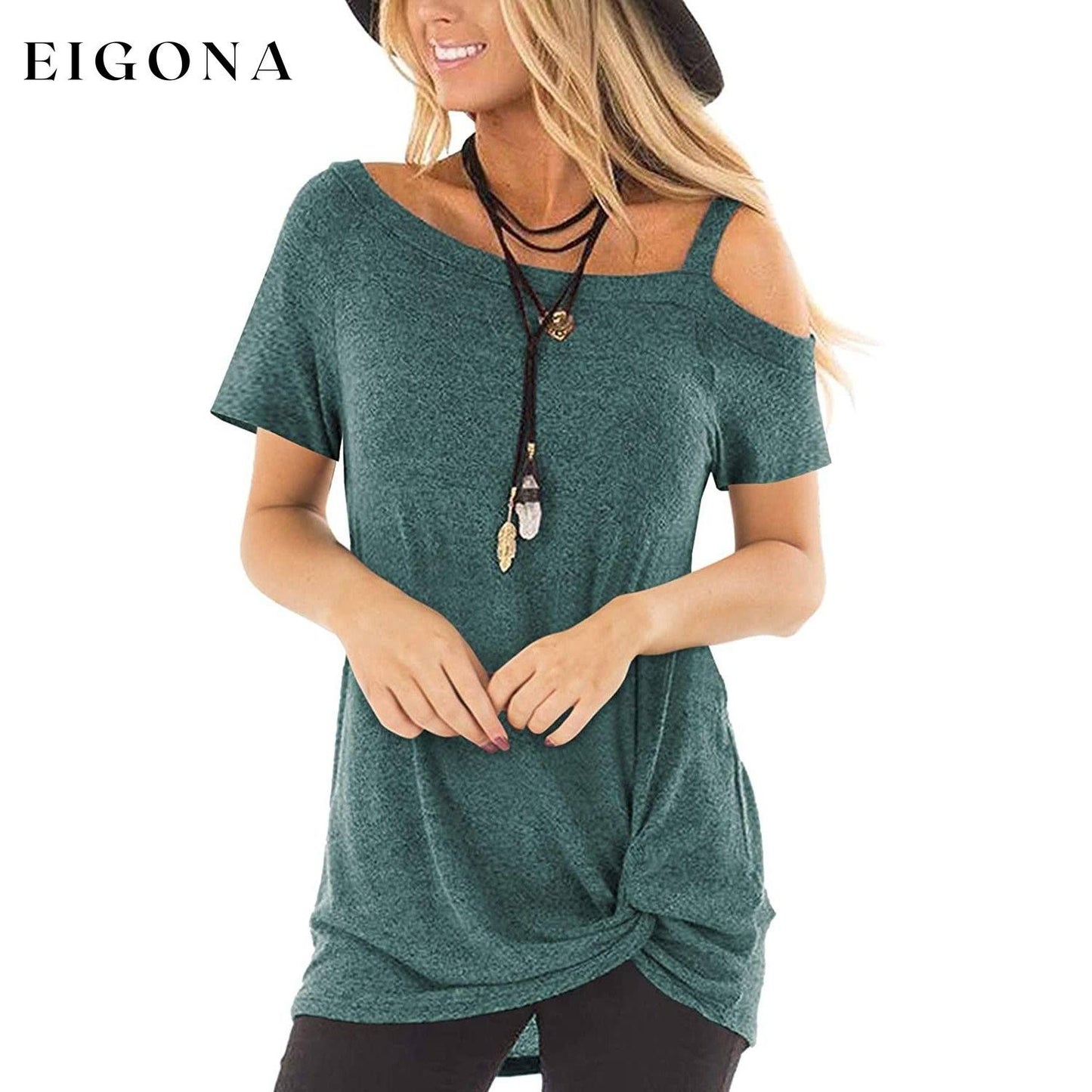 Women's Cold Shoulder Tops Summer Short Sleeve Casual Twist Knot Blouse T-Shirt Green __stock:200 clothes refund_fee:800 tops
