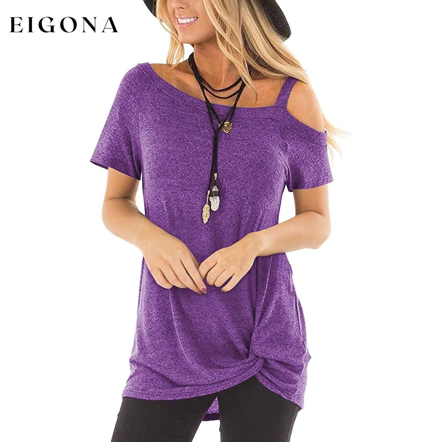 Women's Cold Shoulder Tops Summer Short Sleeve Casual Twist Knot Blouse T-Shirt Purple __stock:200 clothes refund_fee:800 tops
