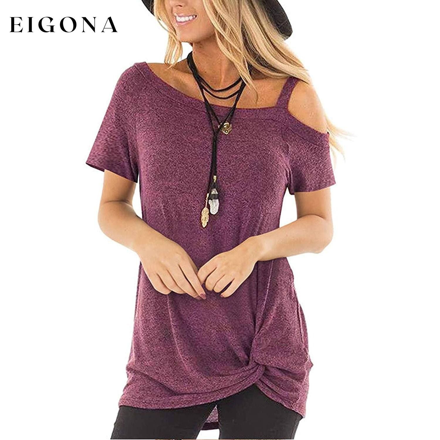 Women's Cold Shoulder Tops Summer Short Sleeve Casual Twist Knot Blouse T-Shirt Wine __stock:200 clothes refund_fee:800 tops