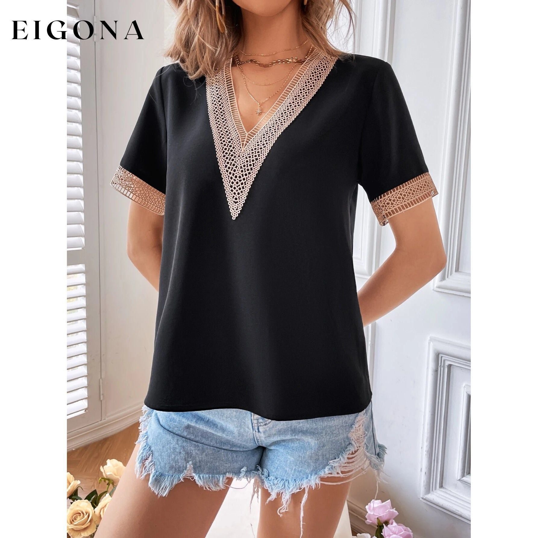 Women's Contrast Guipure Lace Blouse __stock:200 clothes refund_fee:800 tops