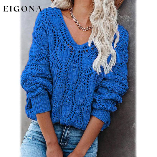 Women's Crochet Hollow Out Knitted V Neck Sweater Blue __stock:200 clothes refund_fee:1200 tops