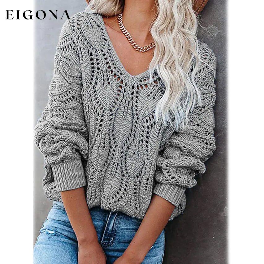 Women's Crochet Hollow Out Knitted V Neck Sweater Gray __stock:200 clothes refund_fee:1200 tops