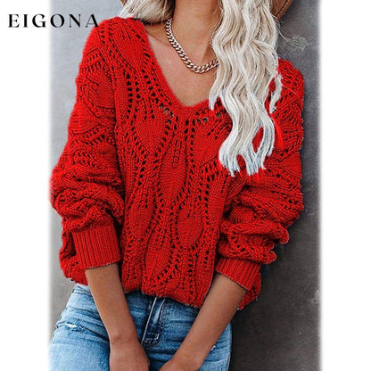 Women's Crochet Hollow Out Knitted V Neck Sweater Red __stock:200 clothes refund_fee:1200 tops