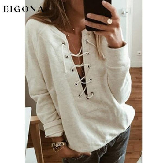 Women's Fashion Lace Up Deep V-neck Casual Long Sleeves Beige clothes Low stock refund_fee:800 tops