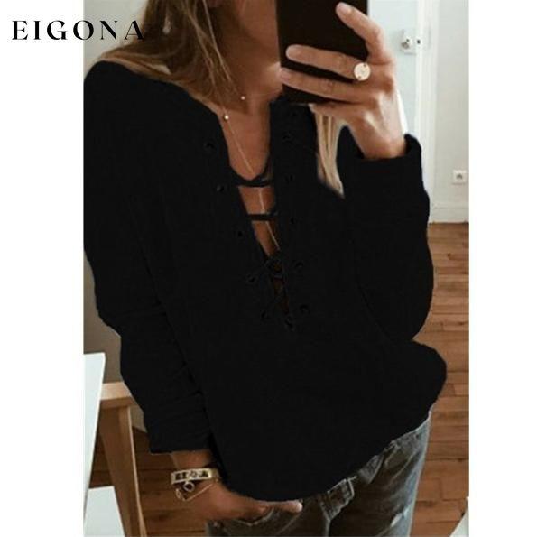 Women's Fashion Lace Up Deep V-neck Casual Long Sleeves Black clothes Low stock refund_fee:800 tops