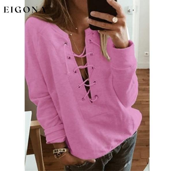 Women's Fashion Lace Up Deep V-neck Casual Long Sleeves Pink clothes Low stock refund_fee:800 tops