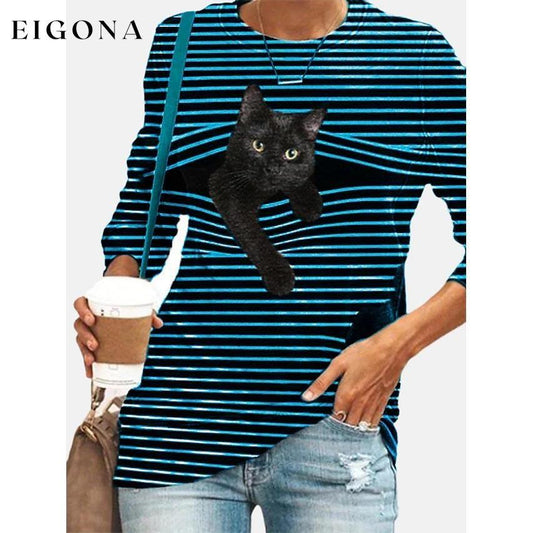 Women's Halloween Tunic T shirt Striped Cat 3D Cartoon Long Sleeve Print Round Neck Blue __stock:50 clothes refund_fee:800 tops