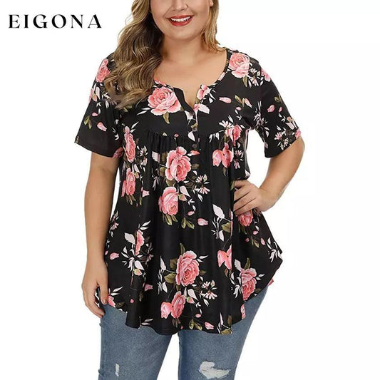 Women's Henley Shirts Floral Tunic Tops Short Sleeve Blouses Black __stock:500 clothes refund_fee:800 tops