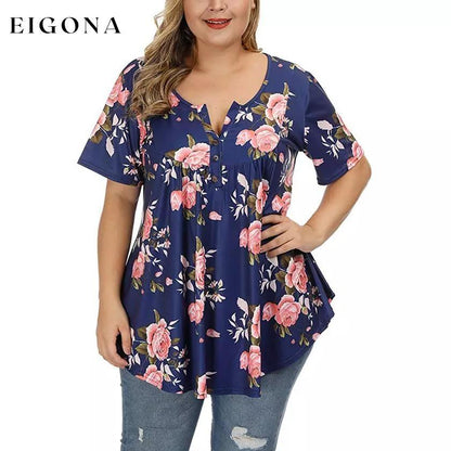 Women's Henley Shirts Floral Tunic Tops Short Sleeve Blouses Blue __stock:500 clothes refund_fee:800 tops