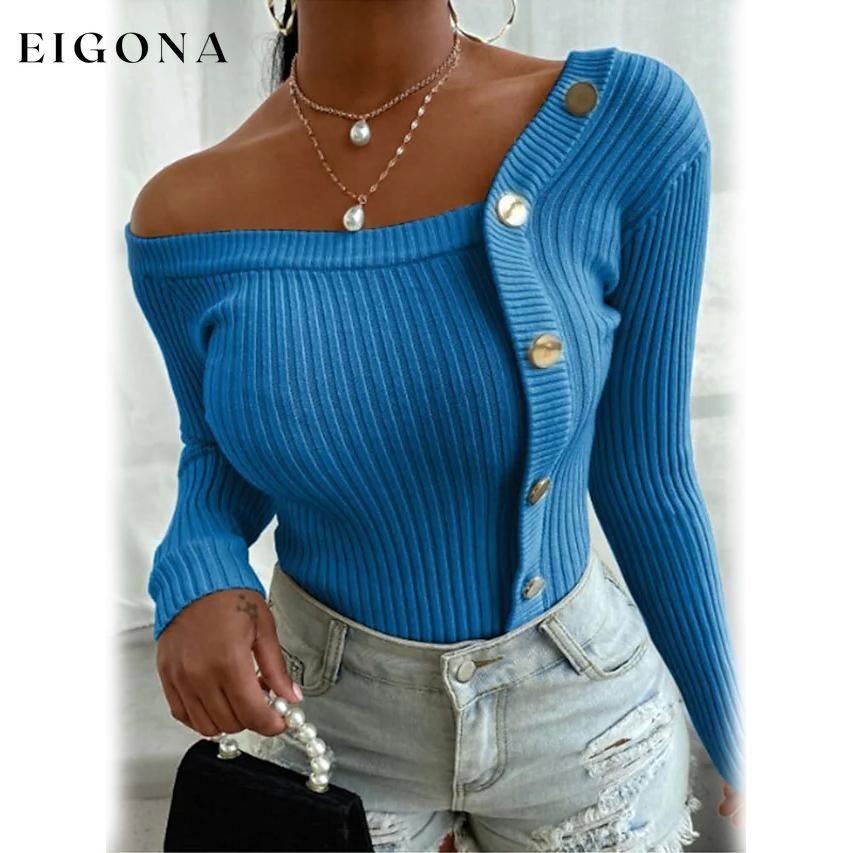 Women's Knitted Solid Color Pullover Sweater Blue __stock:200 clothes refund_fee:800 tops