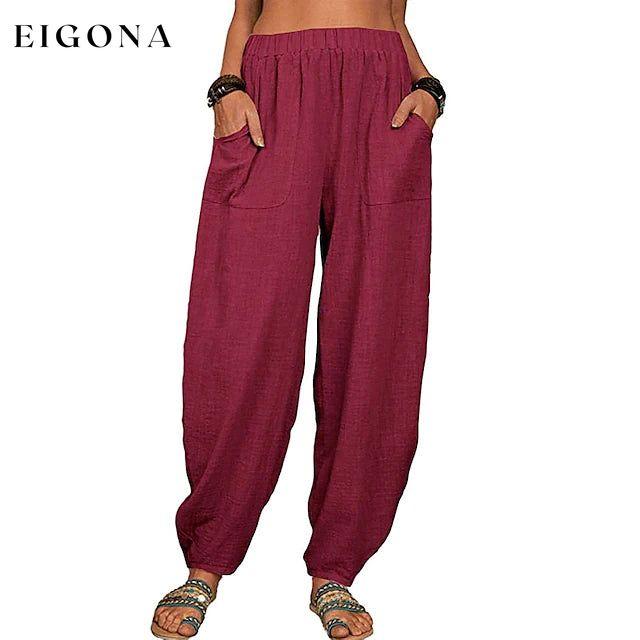 Women's Linen High Waist Wide Leg Pants Burgundy __stock:200 bottoms refund_fee:1200