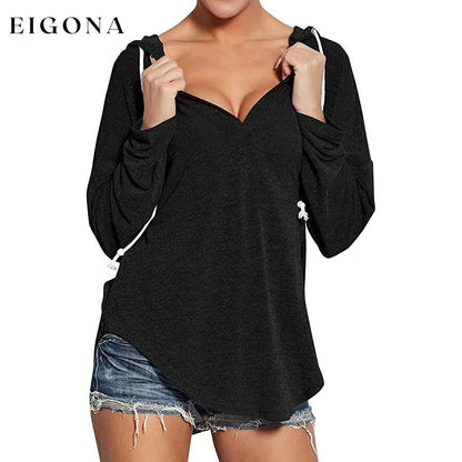 Women's Long Sleeve Deep V Neck Drawstring Sweatshirt Top Black __stock:50 clothes refund_fee:800 tops