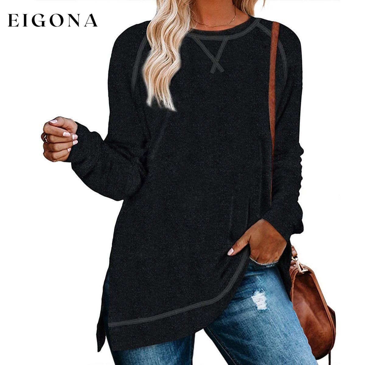 Women's Long Sleeve Loose Casual Autumn Pullover Side Slit Tunic Top Black __stock:150 clothes Low stock refund_fee:1200 tops