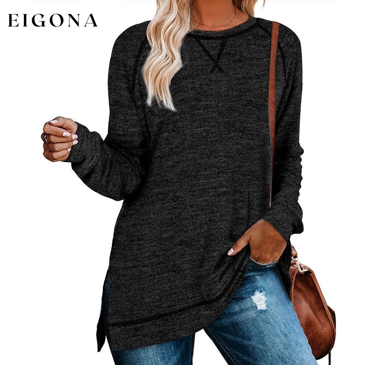 Women's Long Sleeve Loose Casual Autumn Pullover Side Slit Tunic Top Black Gray __stock:150 clothes Low stock refund_fee:1200 tops