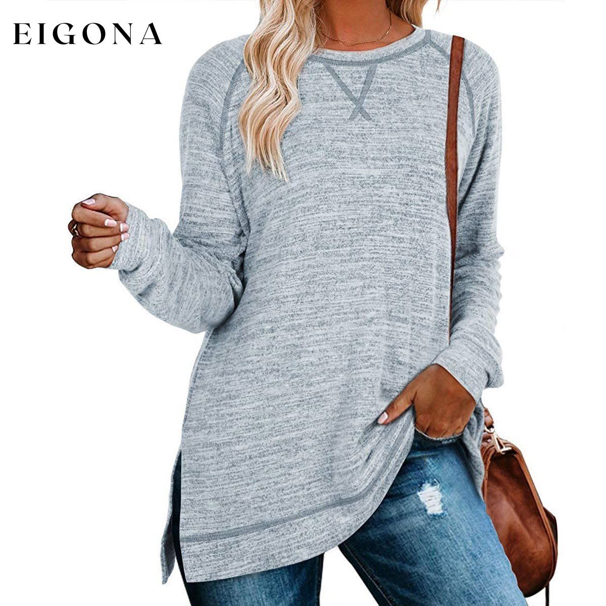 Women's Long Sleeve Loose Casual Autumn Pullover Side Slit Tunic Top Blue Gray __stock:150 clothes Low stock refund_fee:1200 tops