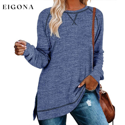 Women's Long Sleeve Loose Casual Autumn Pullover Side Slit Tunic Top Blue __stock:150 clothes Low stock refund_fee:1200 tops
