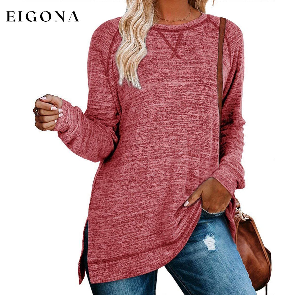 Women's Long Sleeve Loose Casual Autumn Pullover Side Slit Tunic Top Burgundy __stock:150 clothes Low stock refund_fee:1200 tops