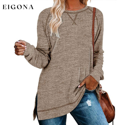 Women's Long Sleeve Loose Casual Autumn Pullover Side Slit Tunic Top Coffee __stock:150 clothes Low stock refund_fee:1200 tops