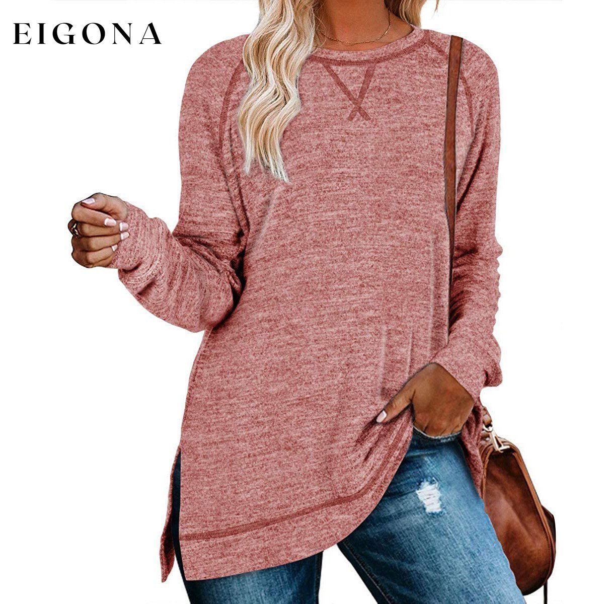 Women's Long Sleeve Loose Casual Autumn Pullover Side Slit Tunic Top Coral __stock:150 clothes Low stock refund_fee:1200 tops