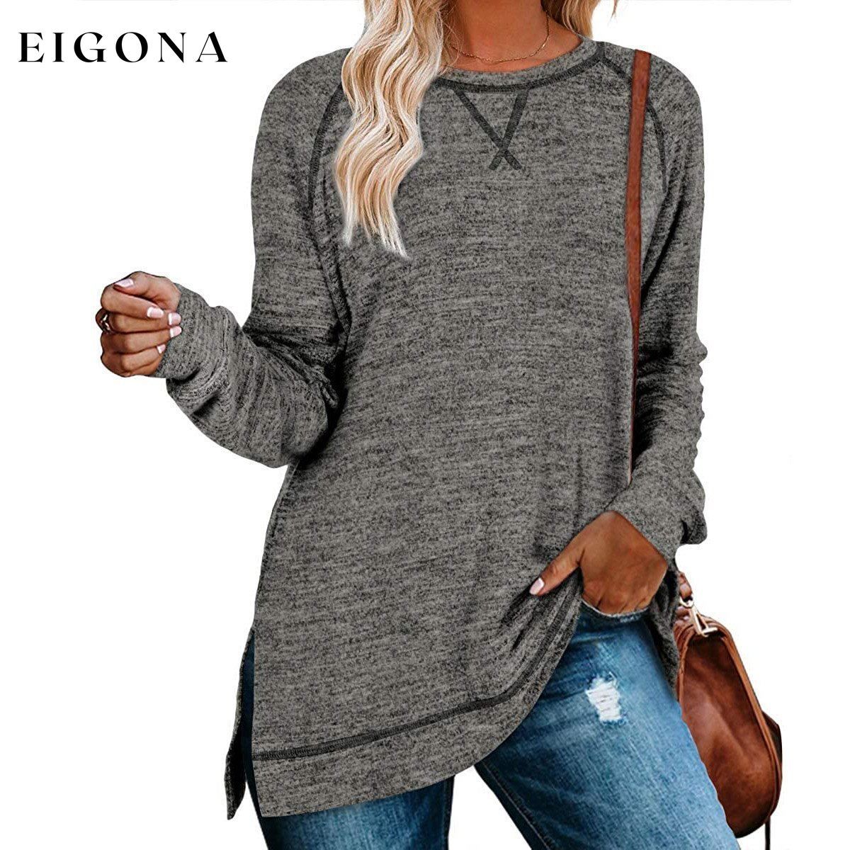 Women's Long Sleeve Loose Casual Autumn Pullover Side Slit Tunic Top Dark Gray __stock:150 clothes Low stock refund_fee:1200 tops