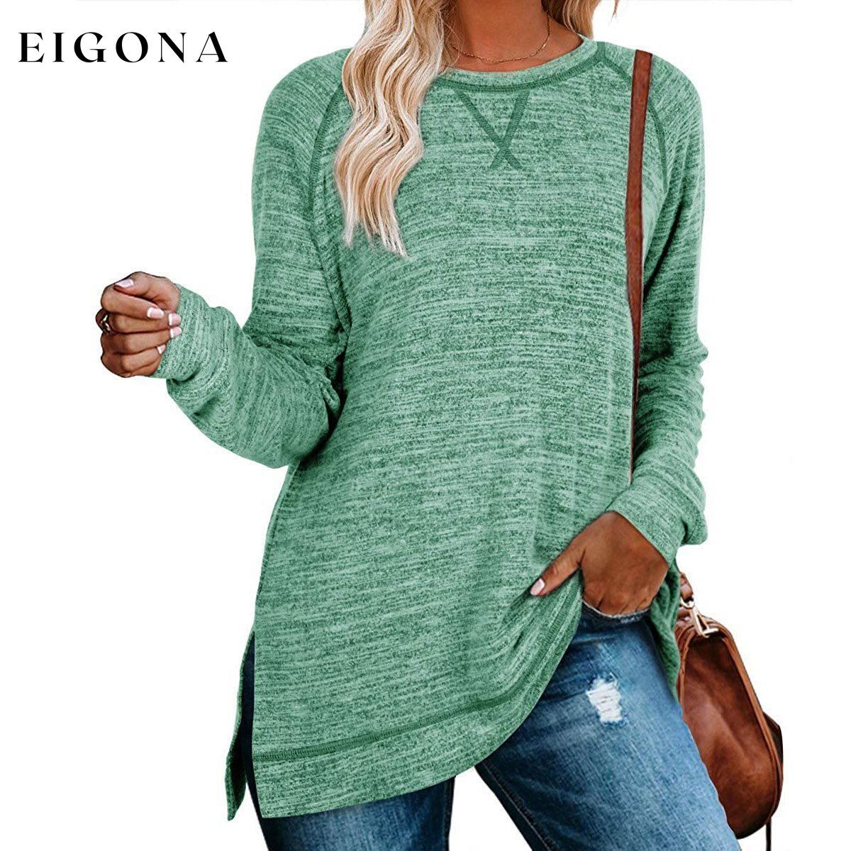 Women's Long Sleeve Loose Casual Autumn Pullover Side Slit Tunic Top Green __stock:150 clothes Low stock refund_fee:1200 tops