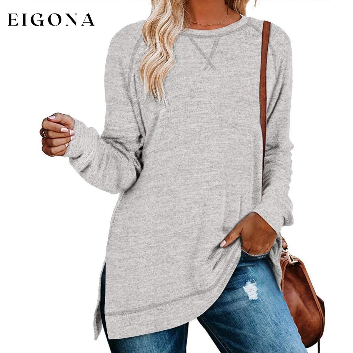 Women's Long Sleeve Loose Casual Autumn Pullover Side Slit Tunic Top Light Gray __stock:150 clothes Low stock refund_fee:1200 tops