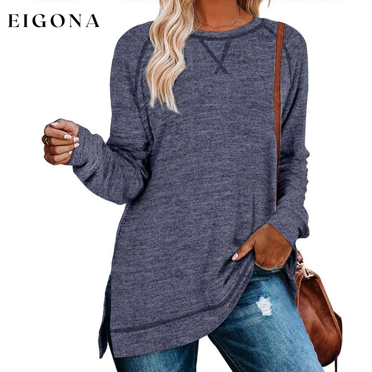 Women's Long Sleeve Loose Casual Autumn Pullover Side Slit Tunic Top Navy __stock:150 clothes Low stock refund_fee:1200 tops