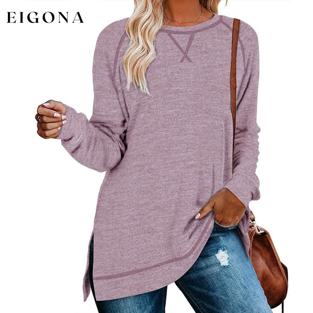 Women's Long Sleeve Loose Casual Autumn Pullover Side Slit Tunic Top Pink __stock:150 clothes Low stock refund_fee:1200 tops
