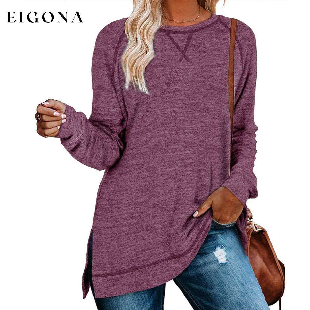 Women's Long Sleeve Loose Casual Autumn Pullover Side Slit Tunic Top Purple __stock:150 clothes Low stock refund_fee:1200 tops