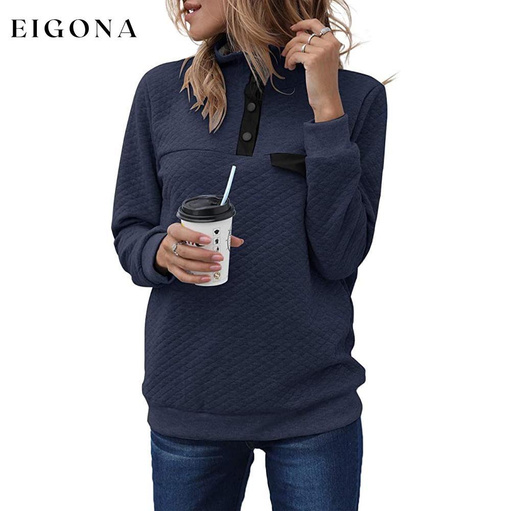 Women's Long Sleeve V Neck Button Quilted Patchwork Pullover Sweatshirt Tops Navy __stock:50 clothes refund_fee:1200 tops