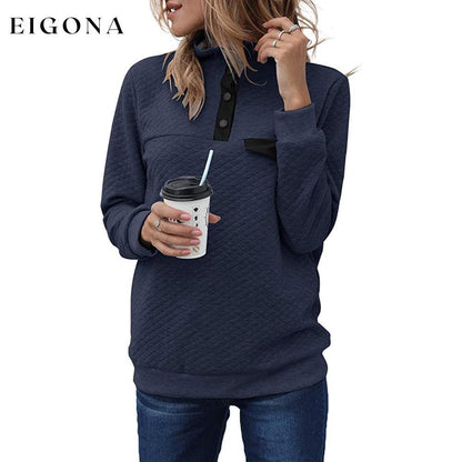 Women's Long Sleeve V Neck Button Quilted Patchwork Pullover Sweatshirt Tops Navy __stock:50 clothes refund_fee:1200 tops