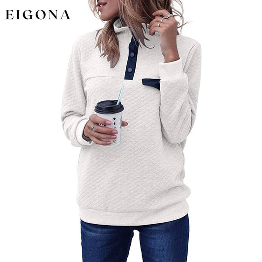 Women's Long Sleeve V Neck Button Quilted Patchwork Pullover Sweatshirt Tops White __stock:50 clothes refund_fee:1200 tops