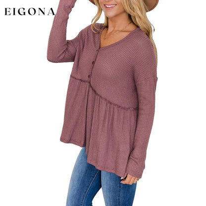 Women's Long Sleeve V Neck Ruffle Babydoll Tunic Tops __stock:50 clothes refund_fee:1200 tops