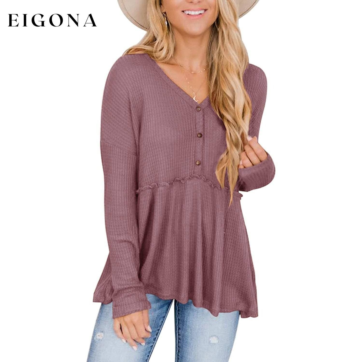 Women's Long Sleeve V Neck Ruffle Babydoll Tunic Tops Purple __stock:50 clothes refund_fee:1200 tops